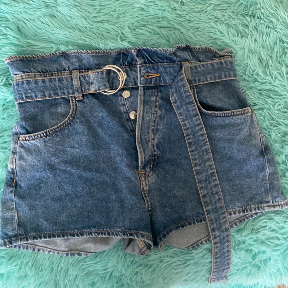 Blue High Waisted Tie able Jean Shorts